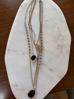 Parklane Gold-Tone Layered Necklace with Black Druzy and Blue Bead Accents